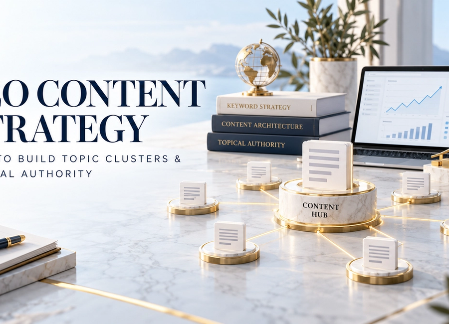 SEO content strategy diagram illustrating a pillar page, supporting topic clusters and internal linking structure for building topical authority. Copy