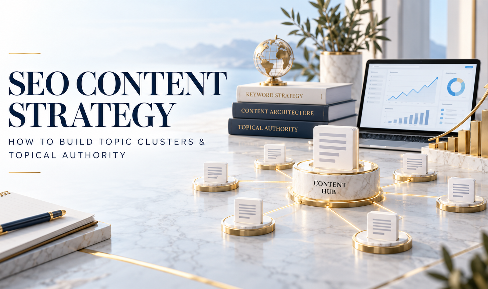 SEO content strategy diagram illustrating a pillar page, supporting topic clusters and internal linking structure for building topical authority. Copy