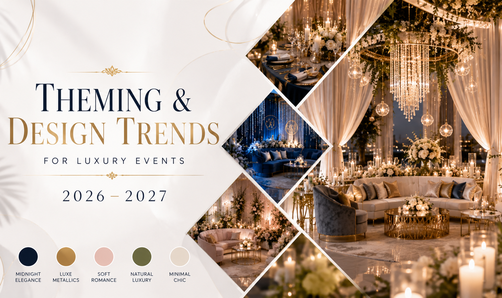 Luxury event design for 2026–2027 featuring sculptural floral installations, immersive lighting, refined tablescapes, natural materials and personalised experiential décor.