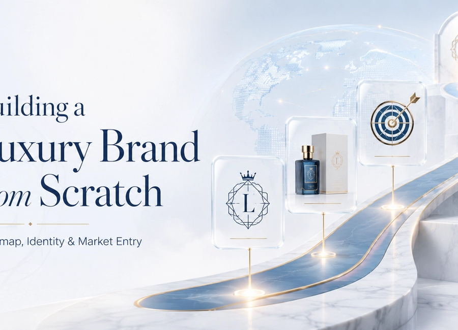 Luxury brand-building roadmap showing identity, positioning, market entry, launch strategy, customer experience and premium growth milestones.