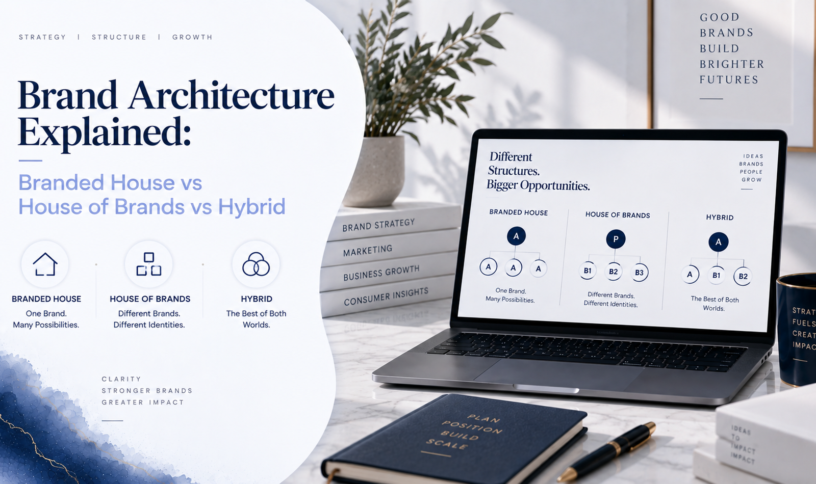 Brand architecture comparison showing Branded House, House of Brands and Hybrid brand structures