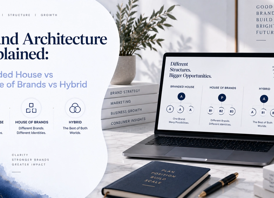 Brand architecture comparison showing Branded House, House of Brands and Hybrid brand structures