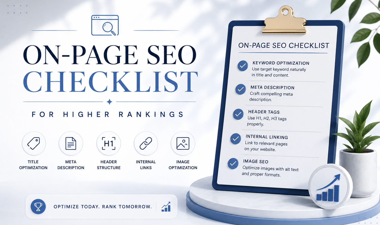 On-page SEO checklist dashboard showing title tags, headings, keywords, internal links, image SEO, schema, UX and ranking growth.