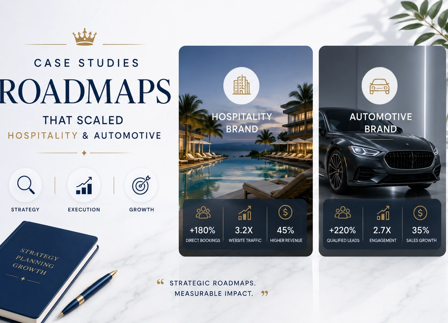 Strategic brand roadmap case study graphic showing hospitality and automotive growth through PR, digital marketing, content and KPIs.