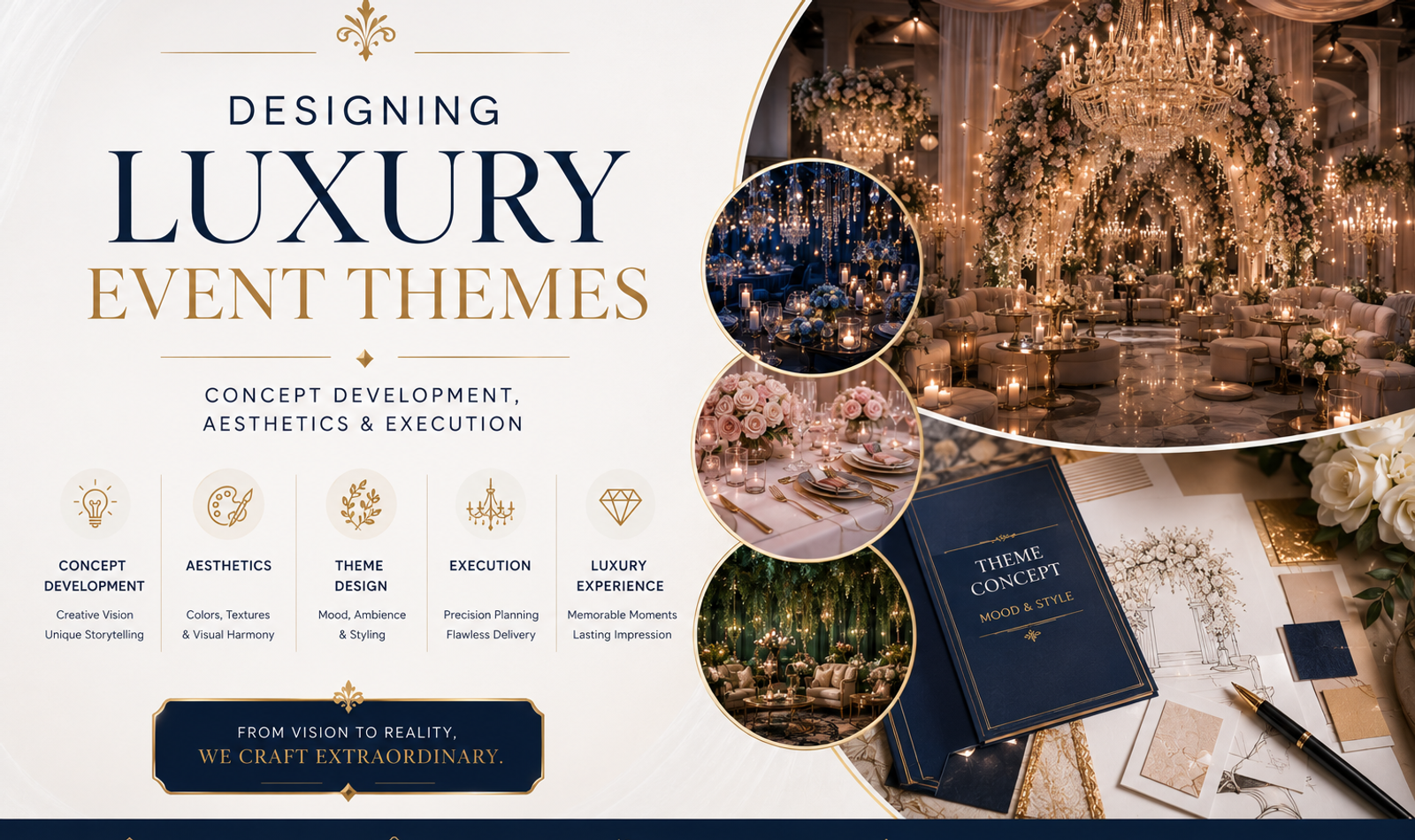 Luxury event theme featuring sculptural installations, elegant floral arrangements, ambient lighting, premium tablescapes and an immersive celebration setting