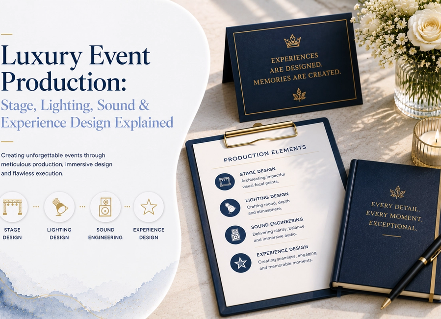 Luxury event production with premium stage design, architectural lighting, professional sound and immersive experience design
