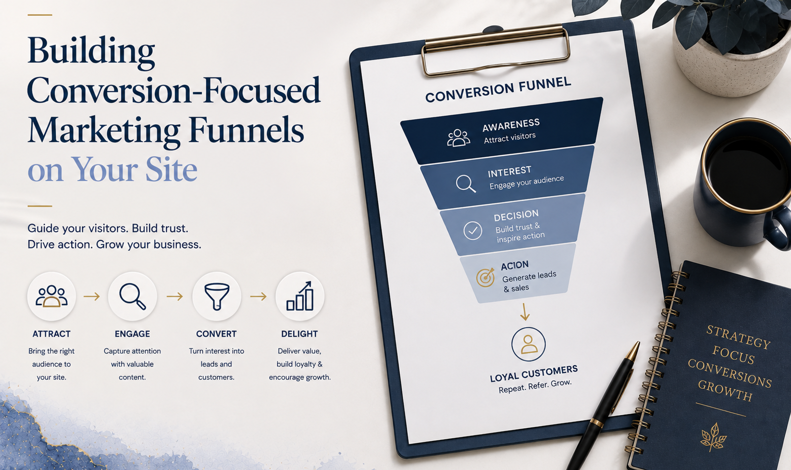 Conversion-focused website marketing funnel showing awareness, consideration, lead generation and customer conversion stages