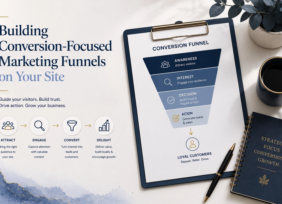 Conversion-focused website marketing funnel showing awareness, consideration, lead generation and customer conversion stages