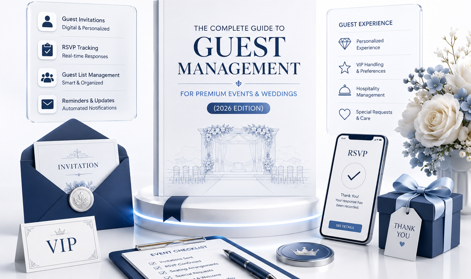 Guest management system for events and weddings showing digital invitations, RSVP tracking, VIP access, QR check-in and seating coordination.