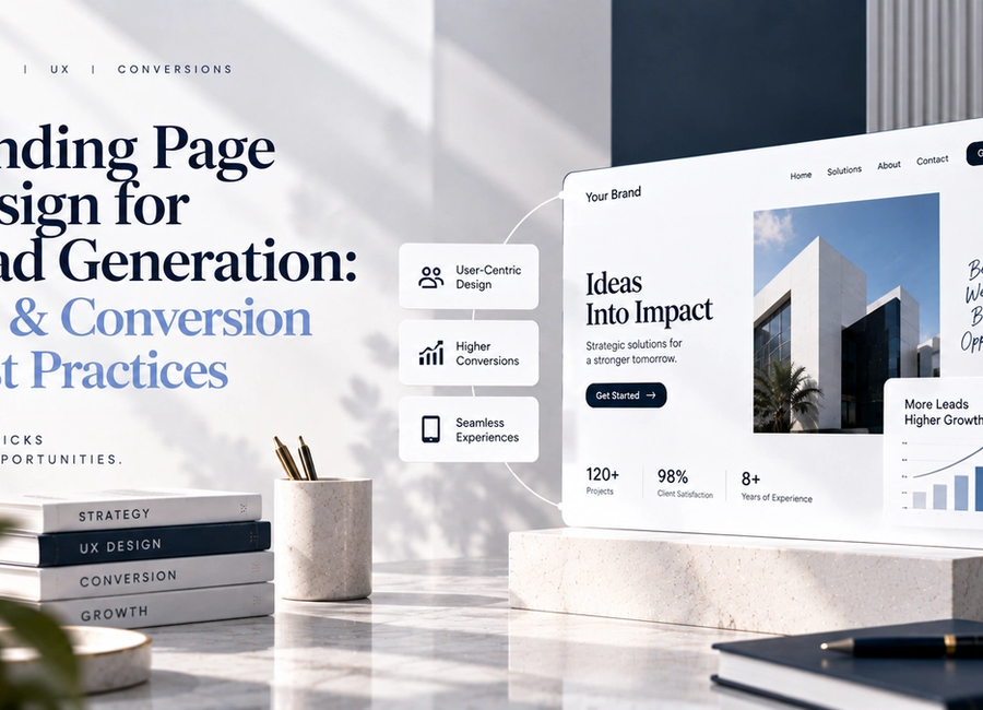 Landing page design for lead generation showing UX, CTA, lead form, trust signals and conversion optimization best practices