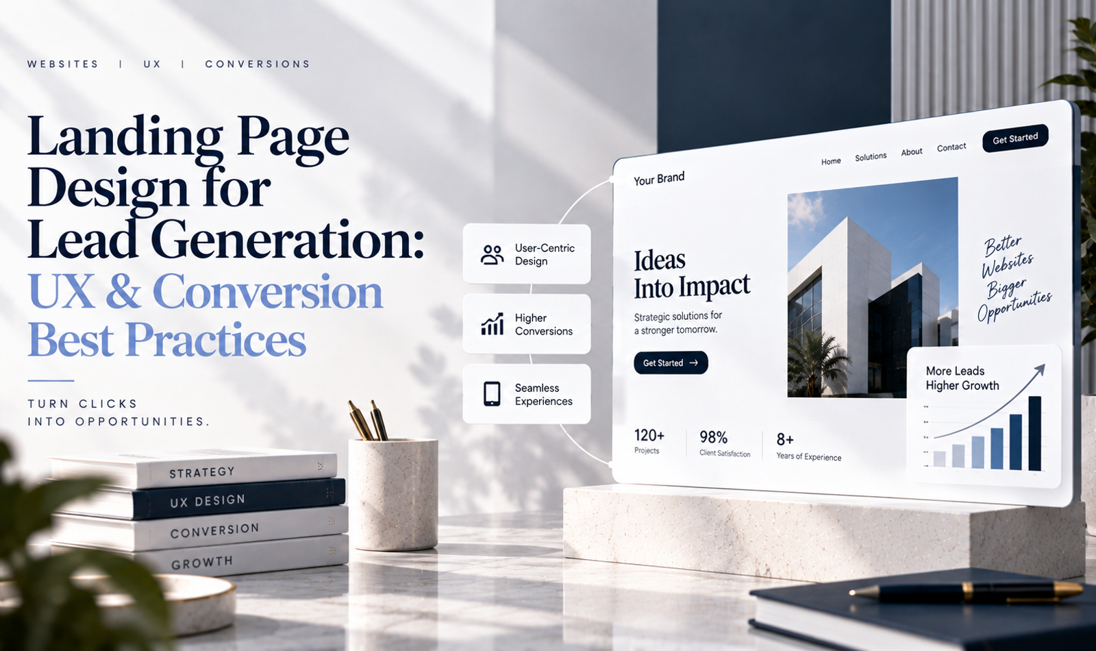 Landing page design for lead generation showing UX, CTA, lead form, trust signals and conversion optimization best practices