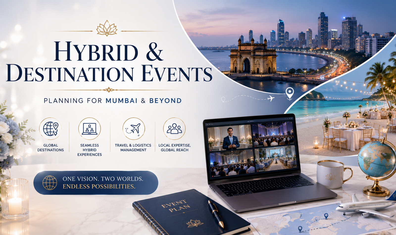 Hybrid destination event in Mumbai featuring a luxury physical venue, live virtual audience, digital production screens, guest hospitality and event technology.