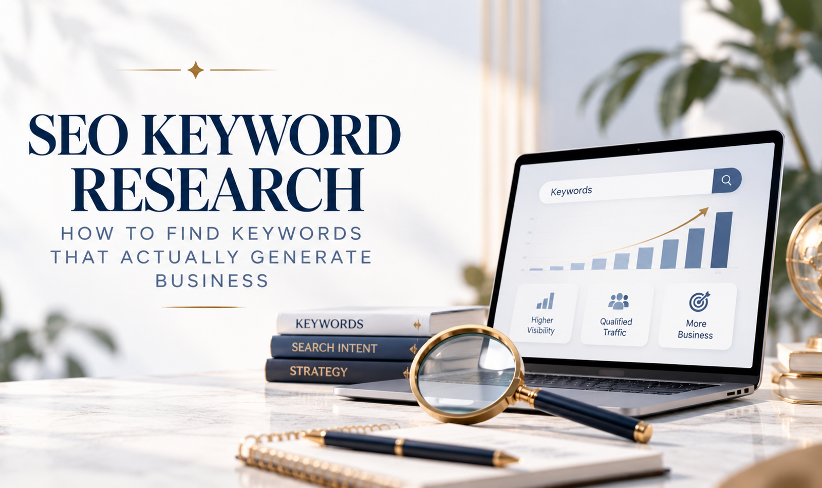 SEO keyword research dashboard showing search intent, keyword opportunities, organic traffic analysis and lead generation strategy for businesses. Copy