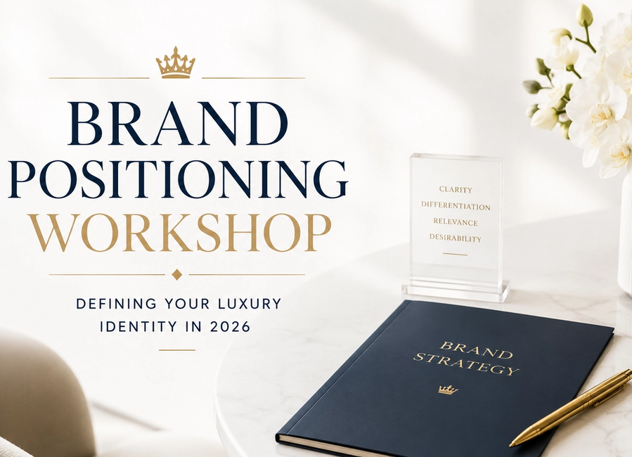 Luxury brand positioning workshop board showing identity, audience, messaging and experience strategy for premium brands in 2026.