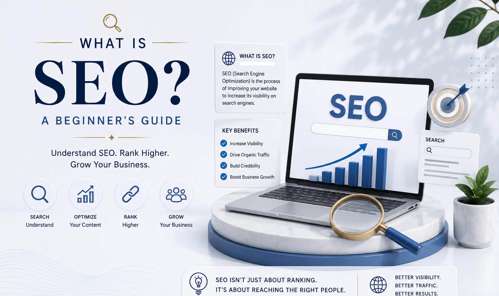 Beginner SEO guide graphic showing search engine optimization, keywords, website rankings, content strategy, technical SEO and AI Overview visibility.