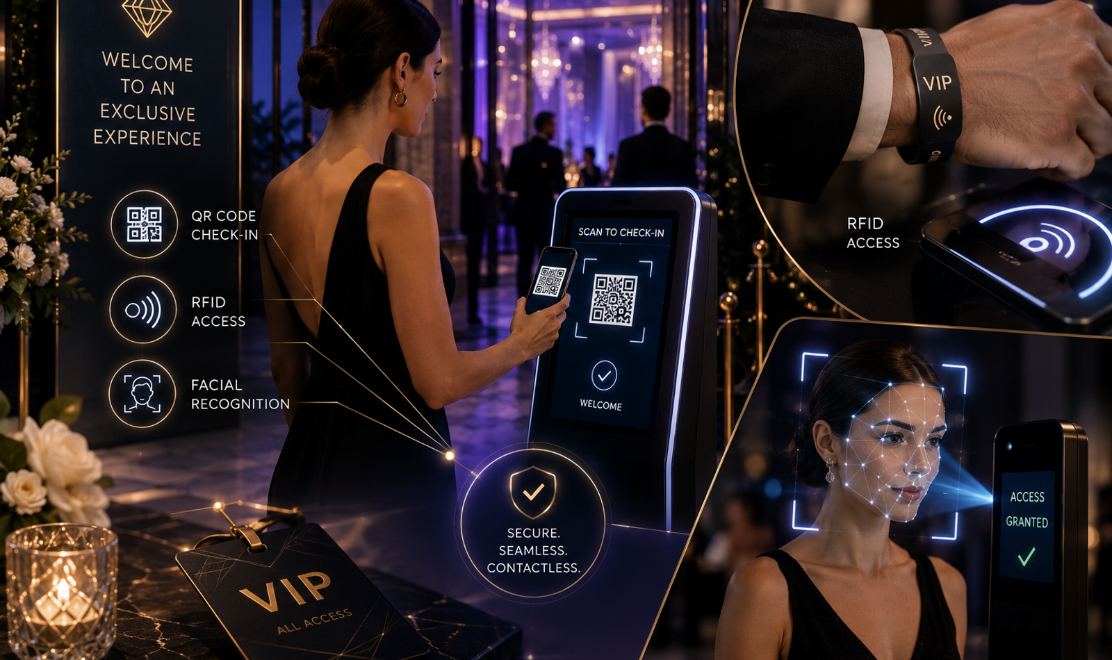 Premium event entrance using QR scanning, RFID credentials and facial recognition for secure contactless guest check-in and VIP access management.
