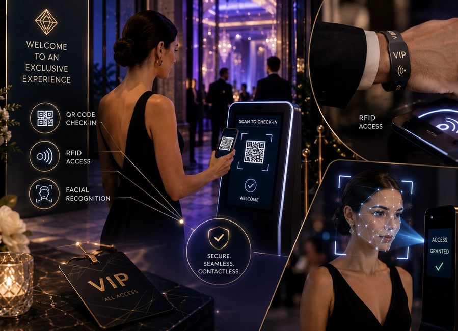 Premium event entrance using QR scanning, RFID credentials and facial recognition for secure contactless guest check-in and VIP access management.