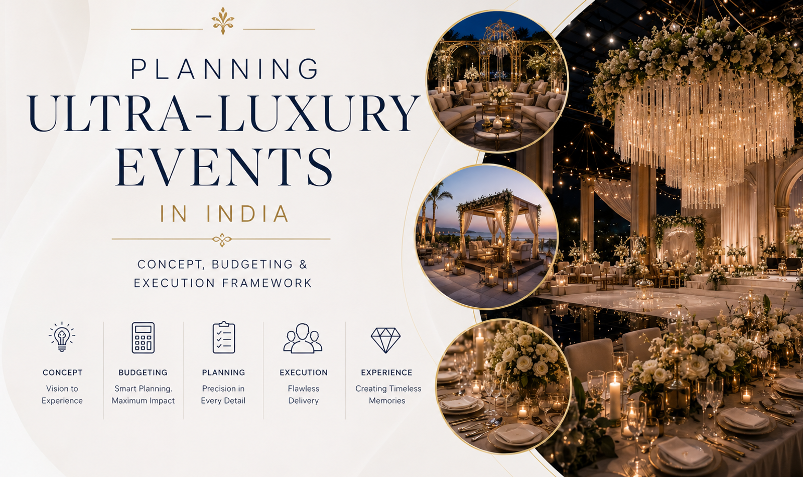 Ultra-luxury event in India featuring immersive décor, premium guest hospitality, architectural lighting, refined tablescapes and professional event production.
