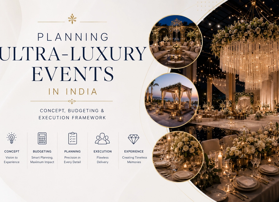 Ultra-luxury event in India featuring immersive décor, premium guest hospitality, architectural lighting, refined tablescapes and professional event production.