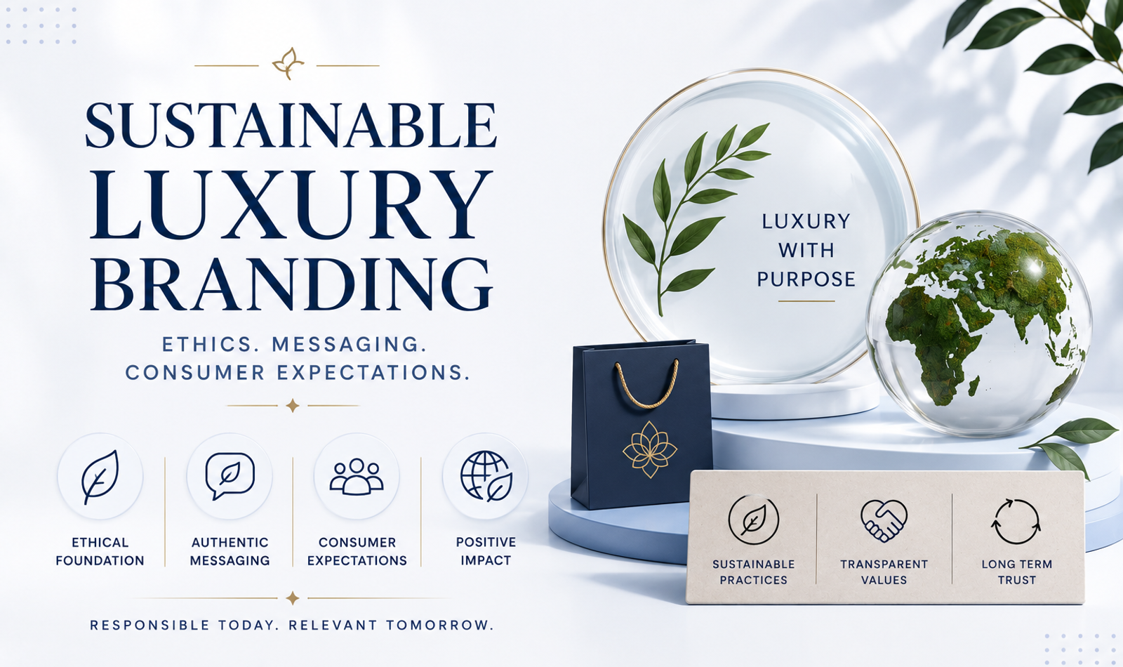Sustainable luxury branding strategy board showing ethics, transparent messaging, conscious consumers, premium packaging and trust signals.