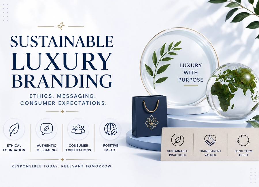 Sustainable luxury branding strategy board showing ethics, transparent messaging, conscious consumers, premium packaging and trust signals.