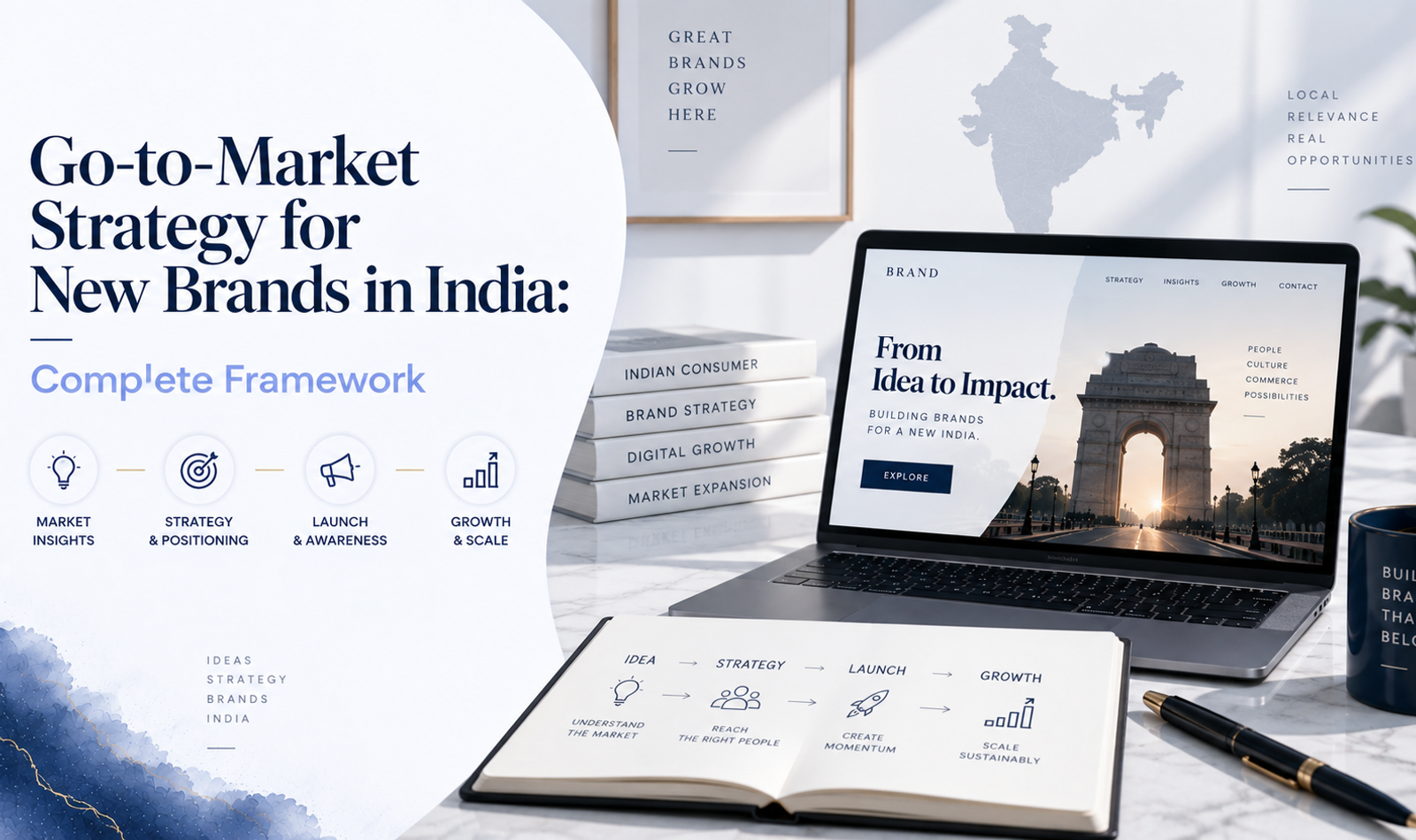 Go-to-market strategy for new brands in India showing market research, positioning, launch channels and growth planning