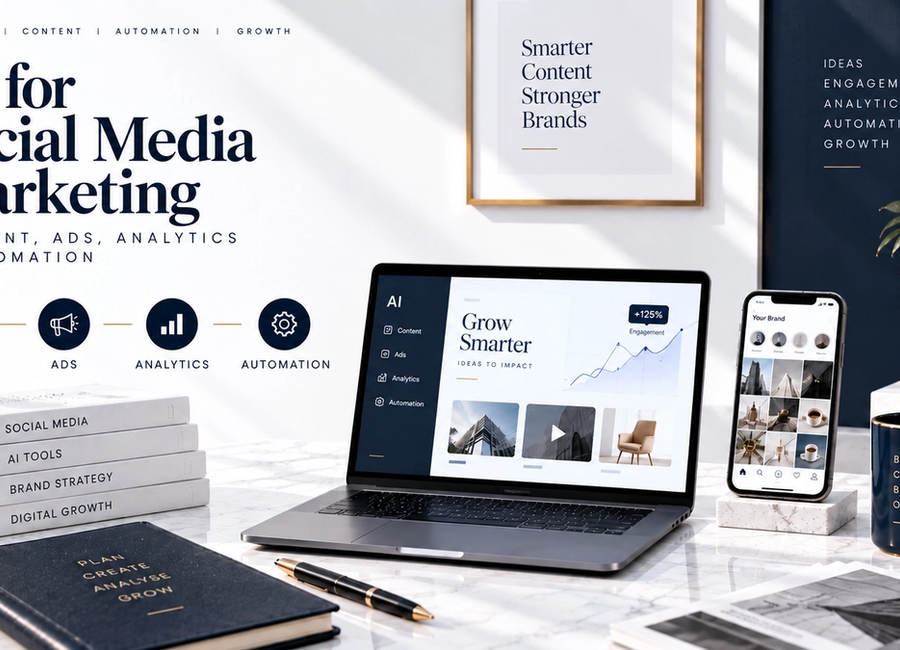AI for social media marketing showing content creation, paid ads, analytics, audience insights and automation