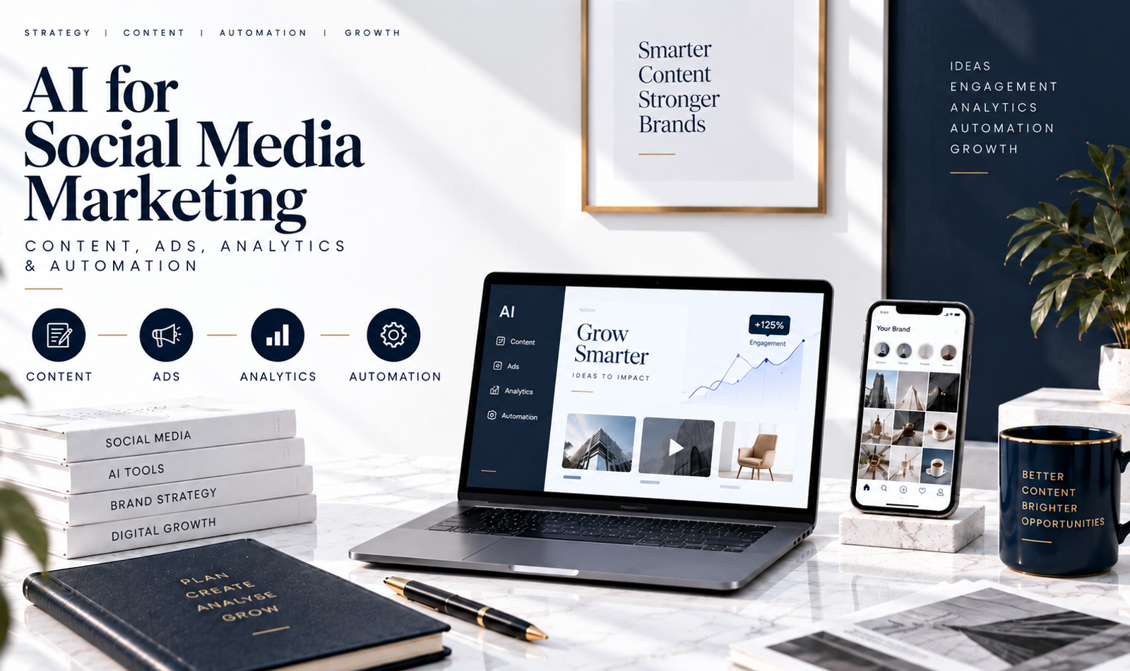 AI for social media marketing showing content creation, paid ads, analytics, audience insights and automation