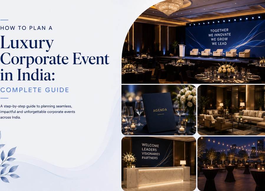 Luxury corporate event in India with premium stage design, lighting, branding and guest experience