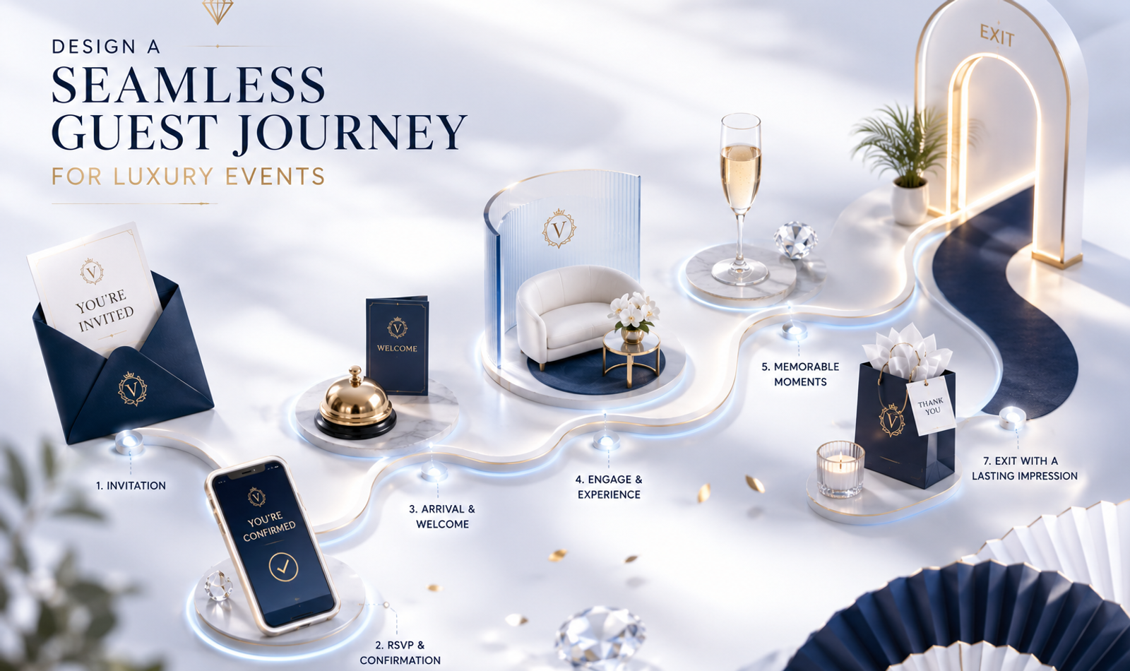 Luxury event guest journey showing premium invitation planning, VIP arrival, digital registration, elegant seating, personalised hospitality and a seamless exit experience.