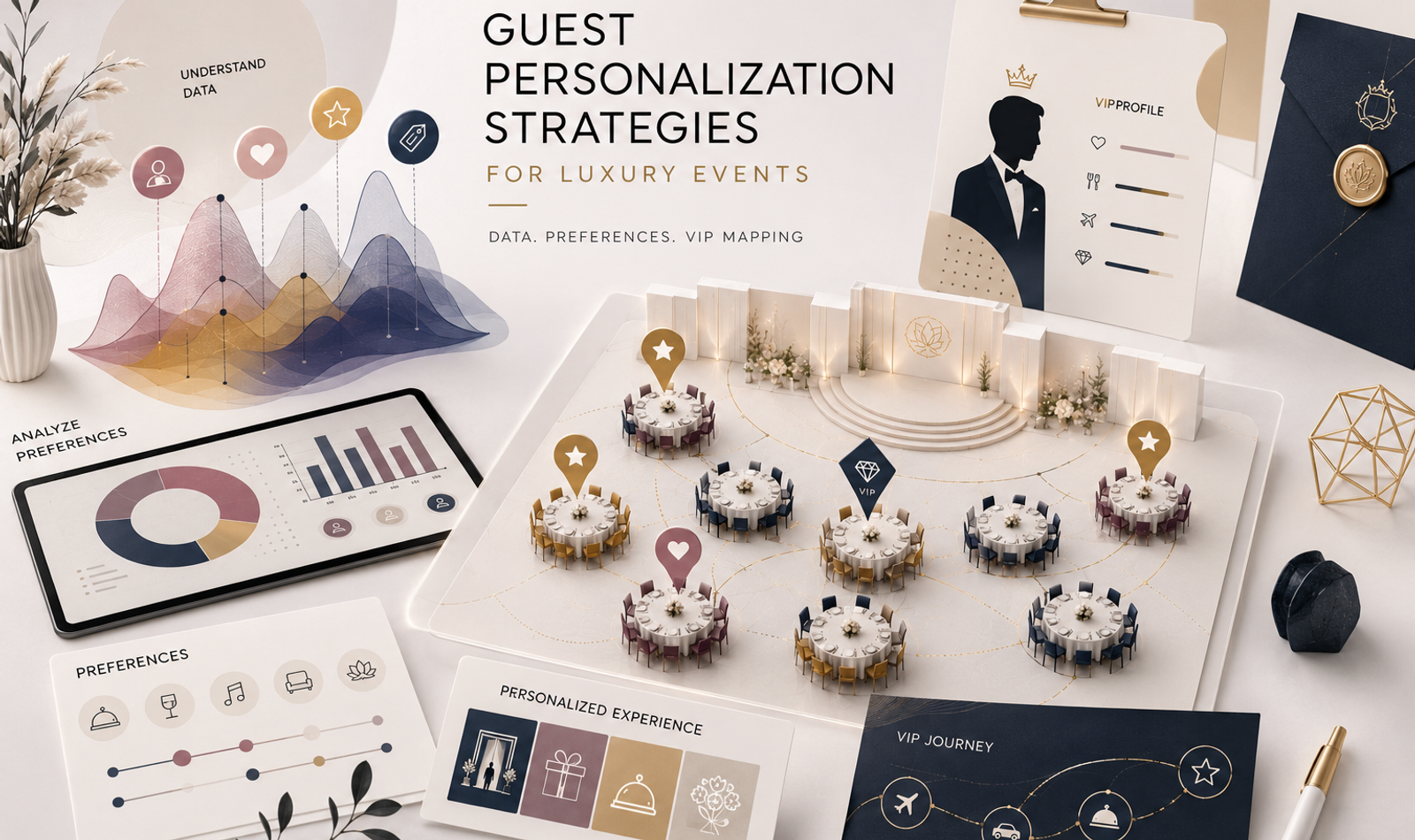 Luxury event guest management team reviewing guest preferences, VIP profiles, seating plans and personalised hospitality details for a premium event.
