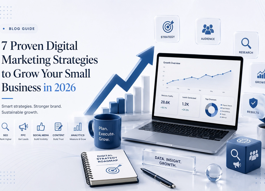 7 proven digital marketing strategies for small business growth in 2026 with SEO, PPC advertising, social media, website optimization, analytics, and lead generation.