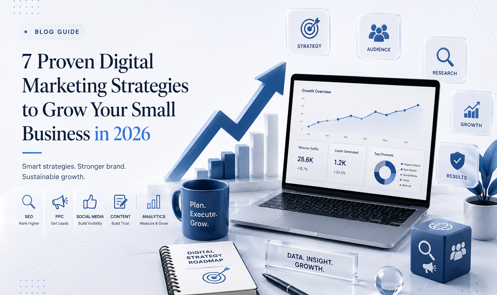 7 proven digital marketing strategies for small business growth in 2026 with SEO, PPC advertising, social media, website optimization, analytics, and lead generation.