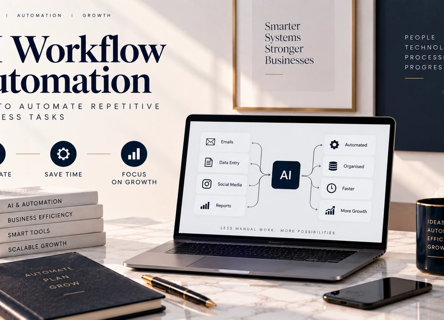 AI workflow automation connecting repetitive business tasks across CRM, email, marketing, analytics and customer support