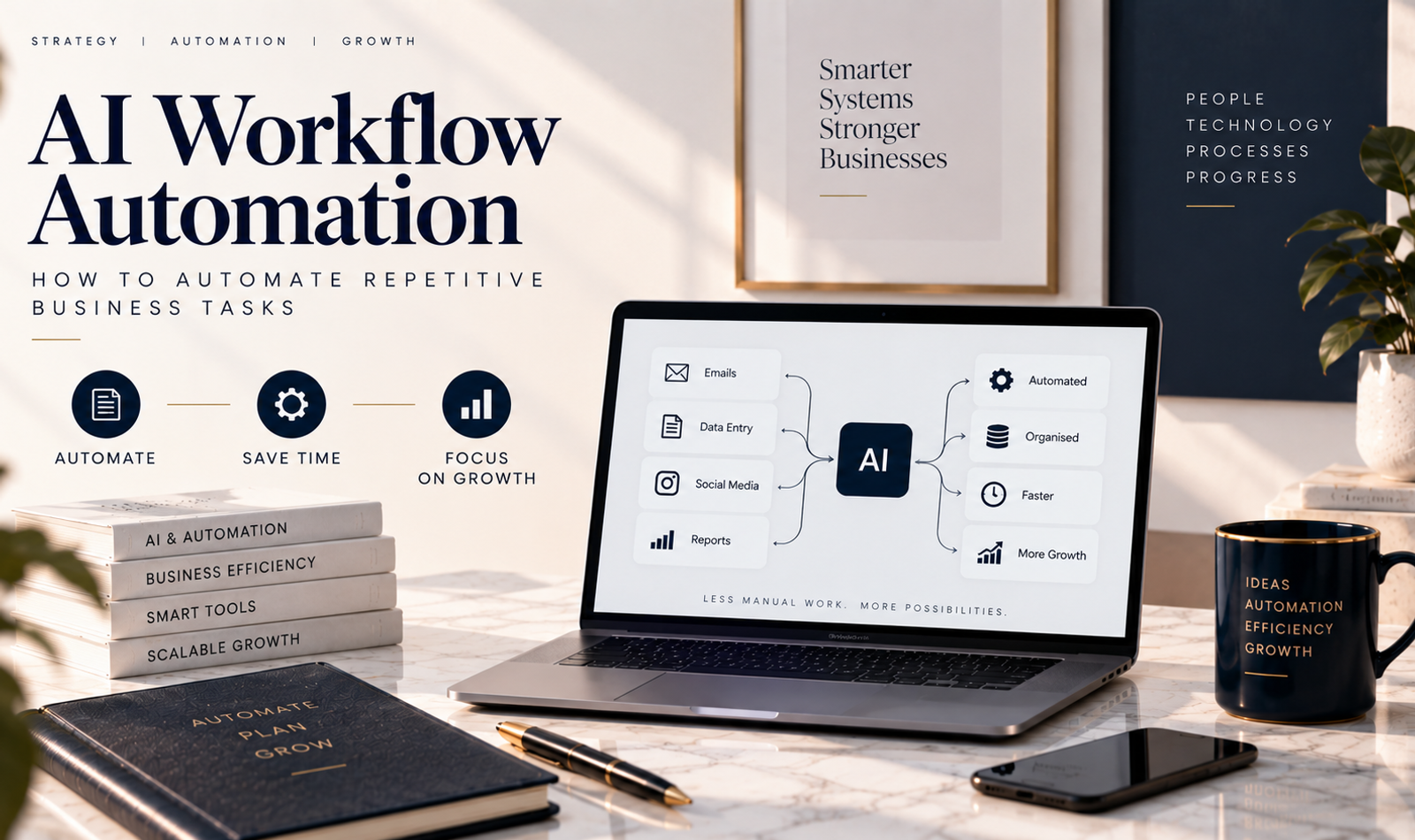 AI workflow automation connecting repetitive business tasks across CRM, email, marketing, analytics and customer support