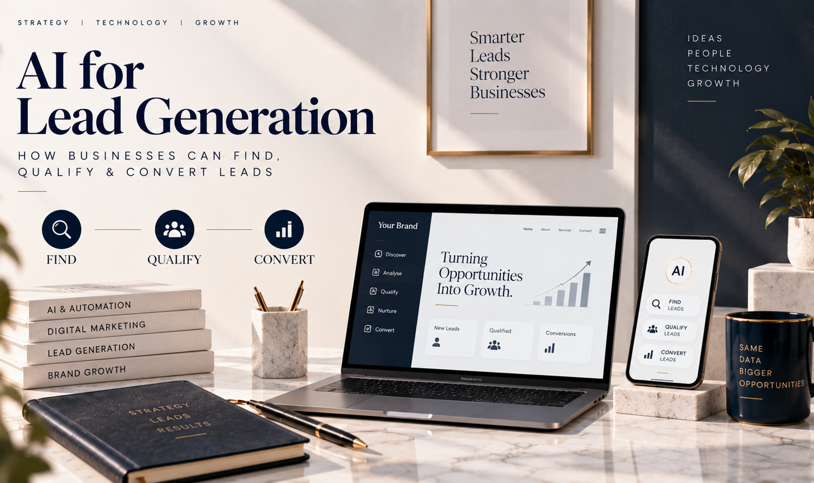 AI for lead generation showing lead discovery, qualification, scoring, automation and conversion process