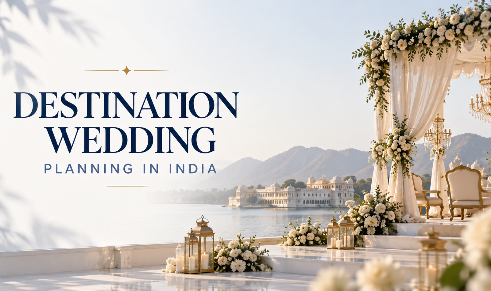 Luxury destination wedding setup in India featuring an elegant outdoor mandap, floral decorations, guest seating and a scenic palace wedding venue.