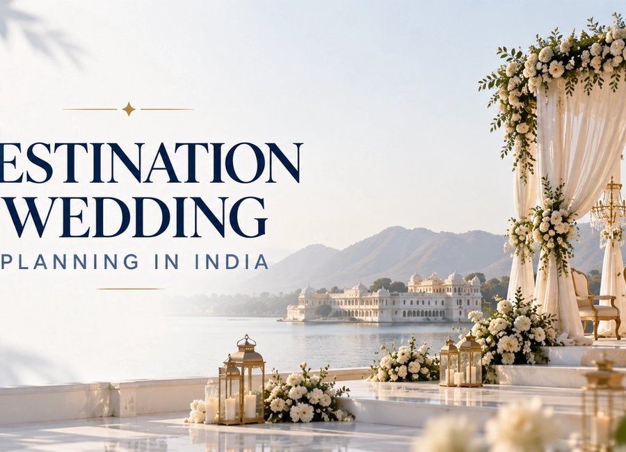 Luxury destination wedding setup in India featuring an elegant outdoor mandap, floral decorations, guest seating and a scenic palace wedding venue.