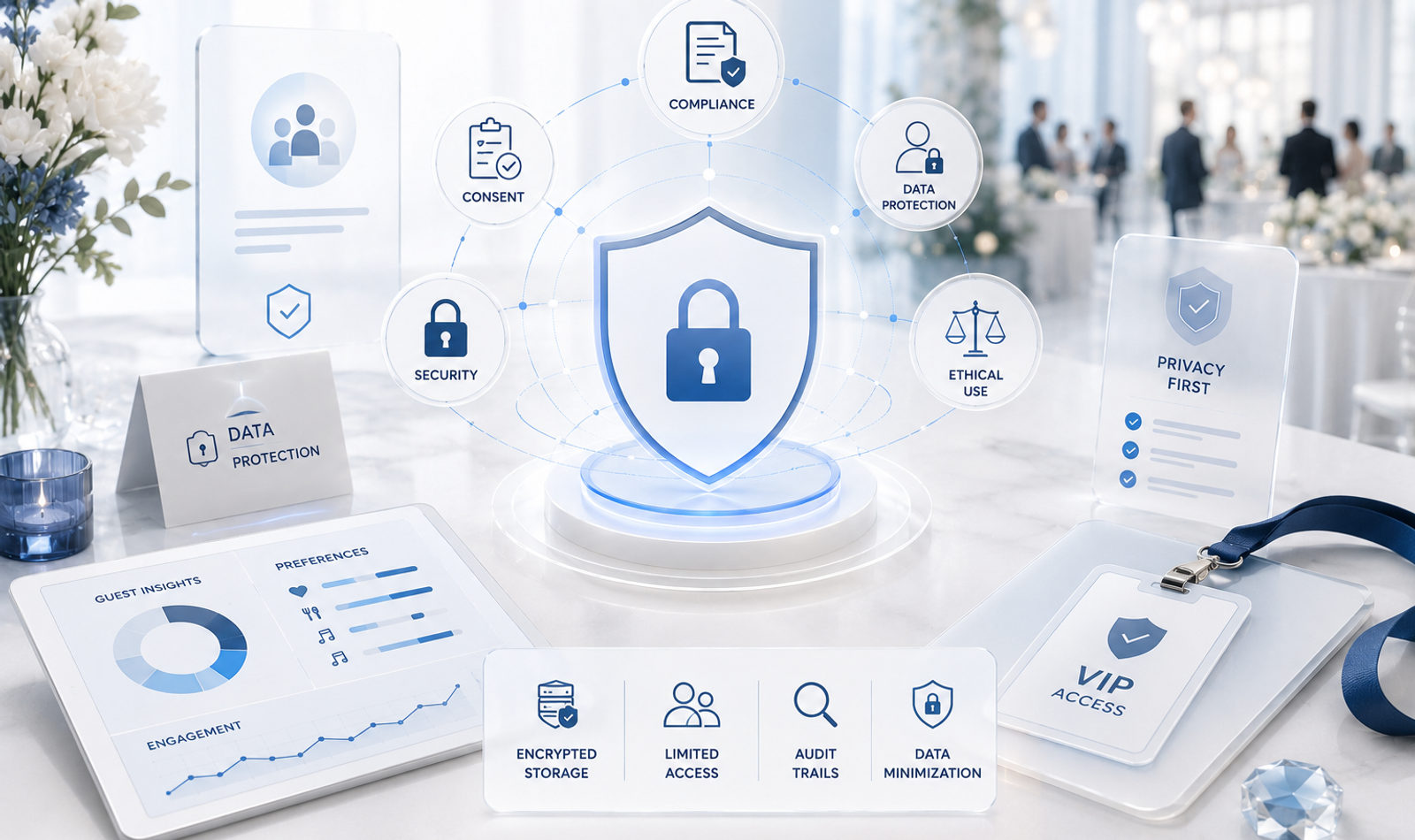 Luxury event guest data management dashboard showing secure RSVP records, privacy controls, VIP profiles and protected digital access systems.