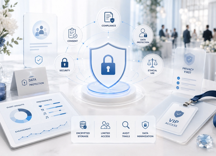 Luxury event guest data management dashboard showing secure RSVP records, privacy controls, VIP profiles and protected digital access systems.