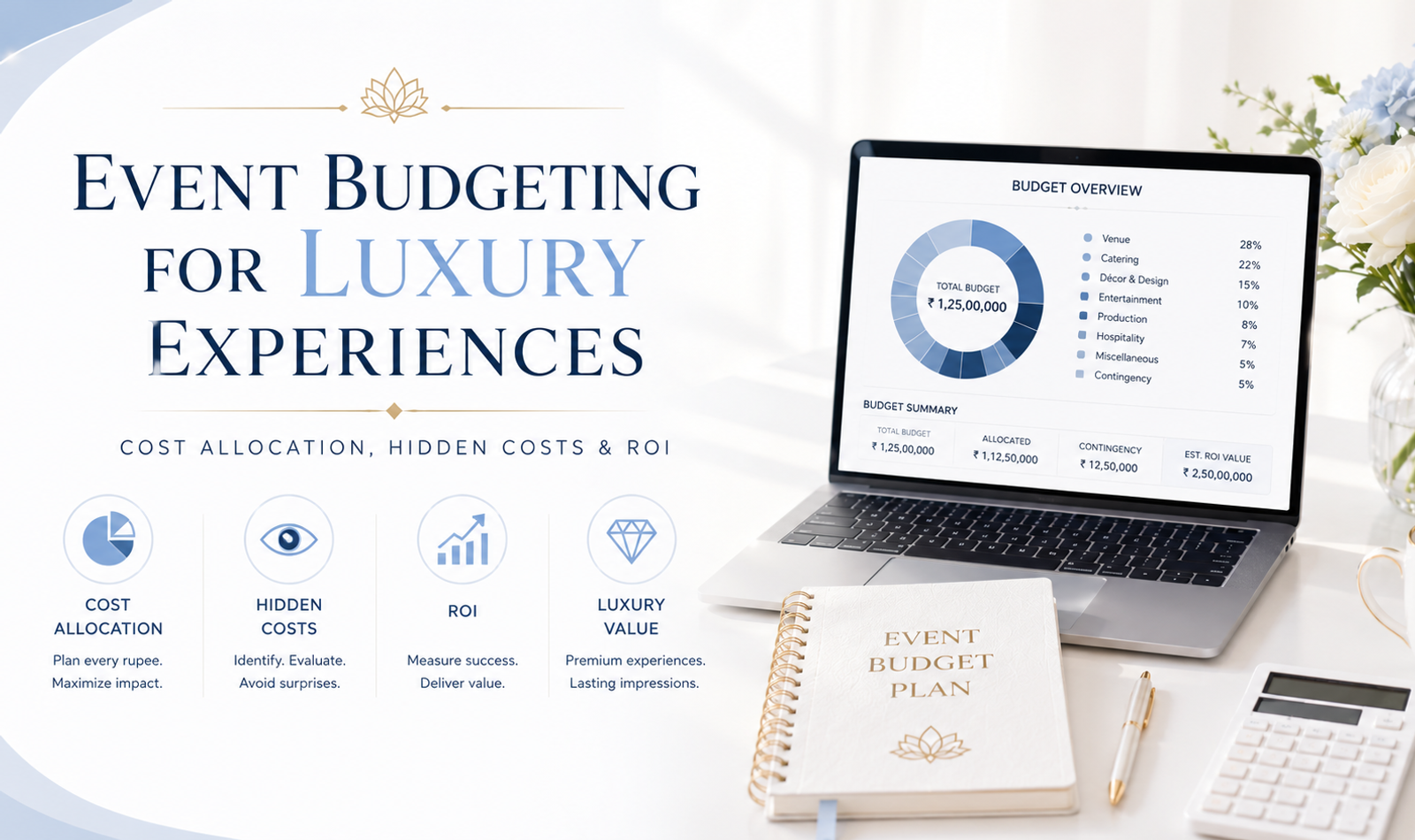 Luxury event planning team reviewing cost allocations, hidden event expenses, vendor quotations, contingency reserves and return on investment through a detailed financial dashboard.