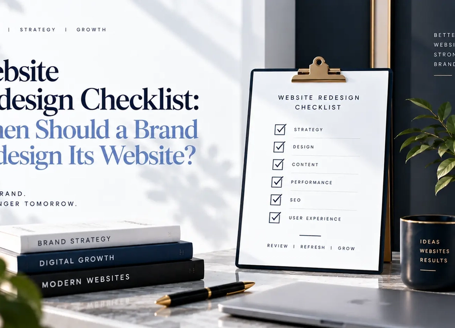 Website redesign checklist showing an outdated brand website transformed into a modern responsive and conversion-focused website
