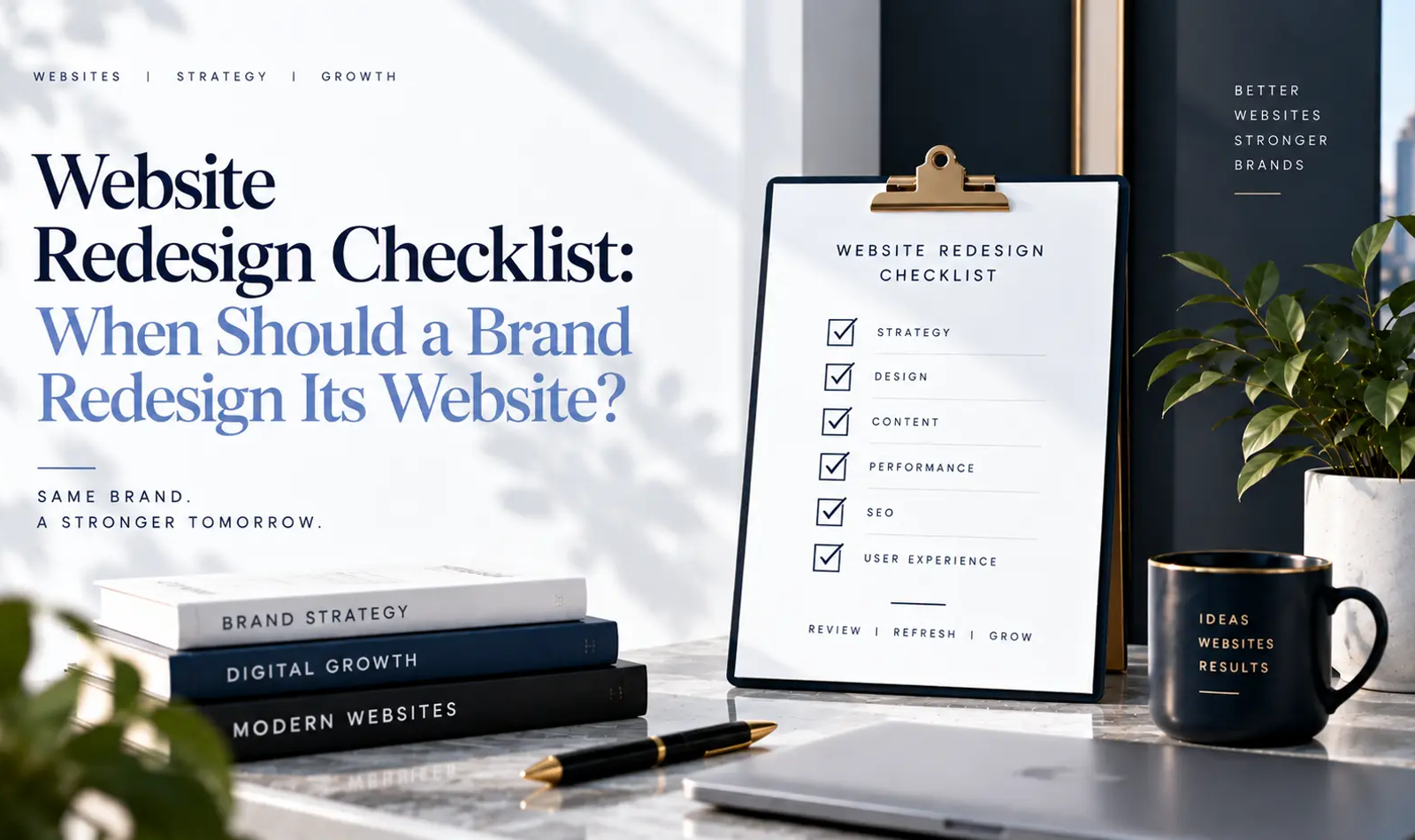 Website redesign checklist showing an outdated brand website transformed into a modern responsive and conversion-focused website