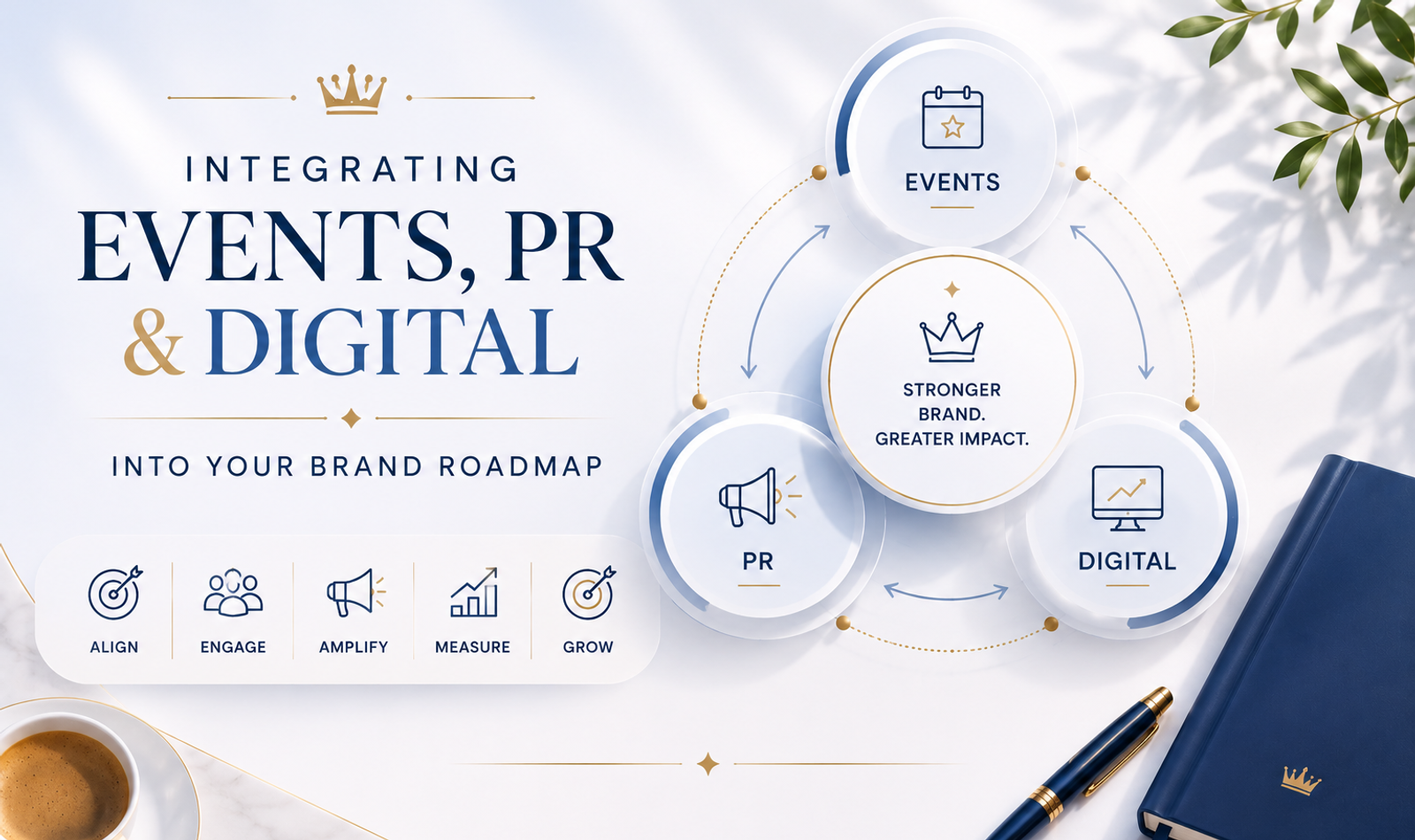 Integrated brand roadmap showing events, PR and digital marketing connected into one strategy for visibility, credibility and business growth.