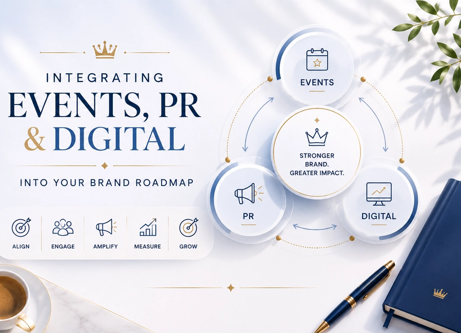 Integrated brand roadmap showing events, PR and digital marketing connected into one strategy for visibility, credibility and business growth.
