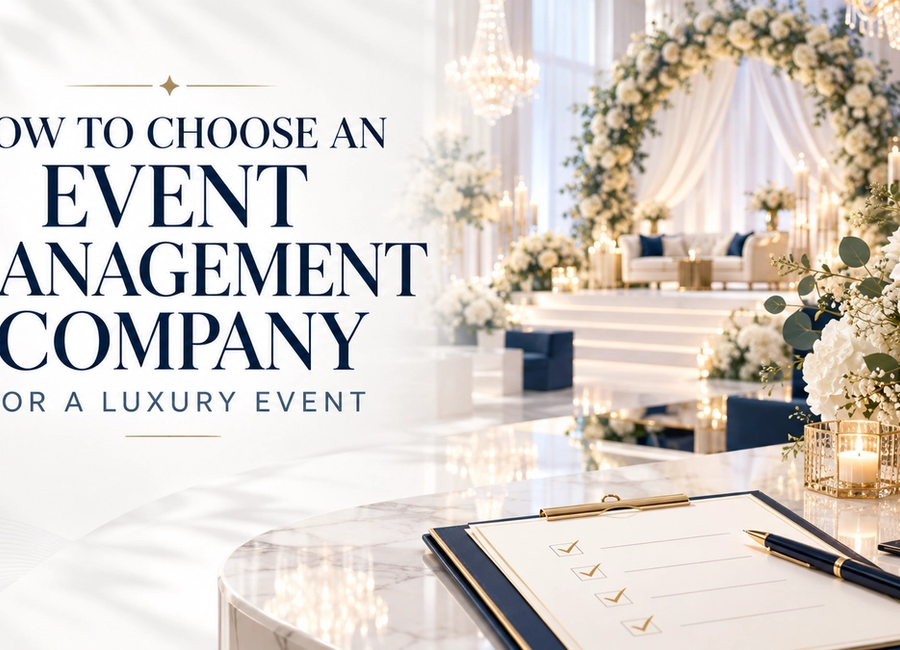 Luxury event management setup in India featuring an elegant ballroom, premium floral decorations, chandelier lighting and sophisticated guest seating arrangements. Copy alt text