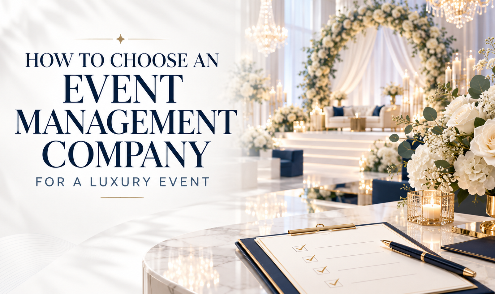 Luxury event management setup in India featuring an elegant ballroom, premium floral decorations, chandelier lighting and sophisticated guest seating arrangements. Copy alt text