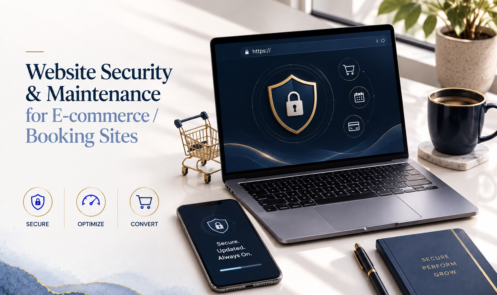 Website security and maintenance for e-commerce and booking sites showing secure payments, data protection and website monitoring