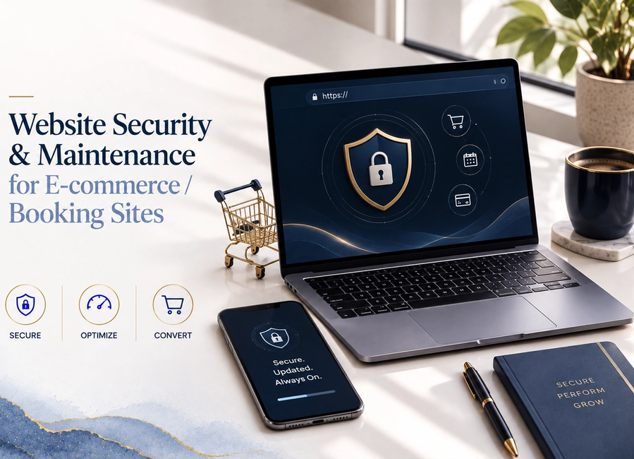 Website security and maintenance for e-commerce and booking sites showing secure payments, data protection and website monitoring