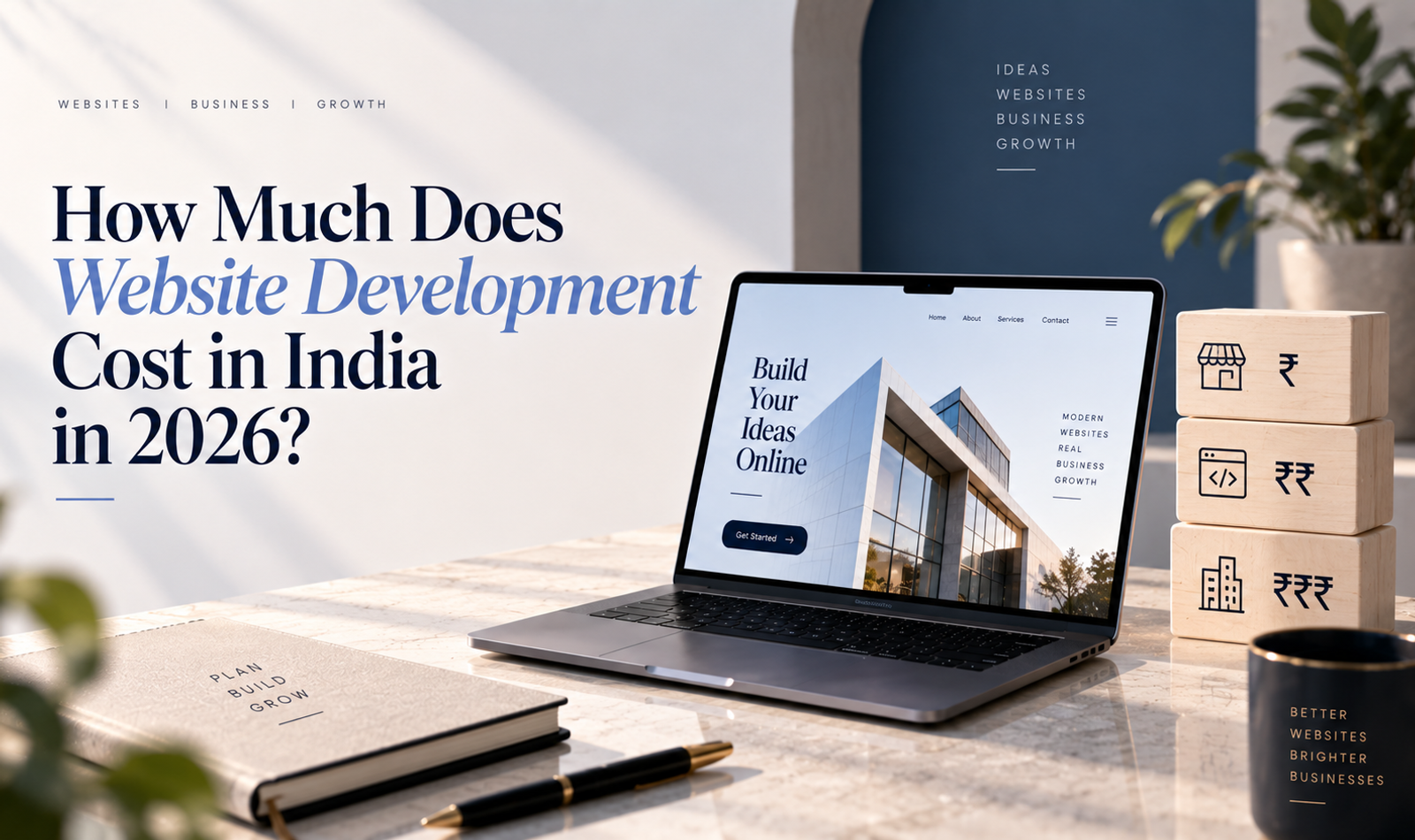 Website development cost in India in 2026 showing pricing for business websites, e-commerce, custom development, SEO and maintenance